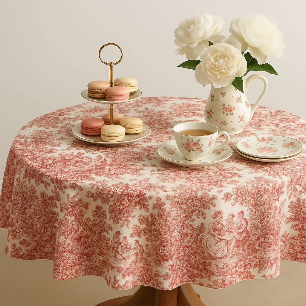 Mantel antimanchas redondo Toile de Jouy Rojo