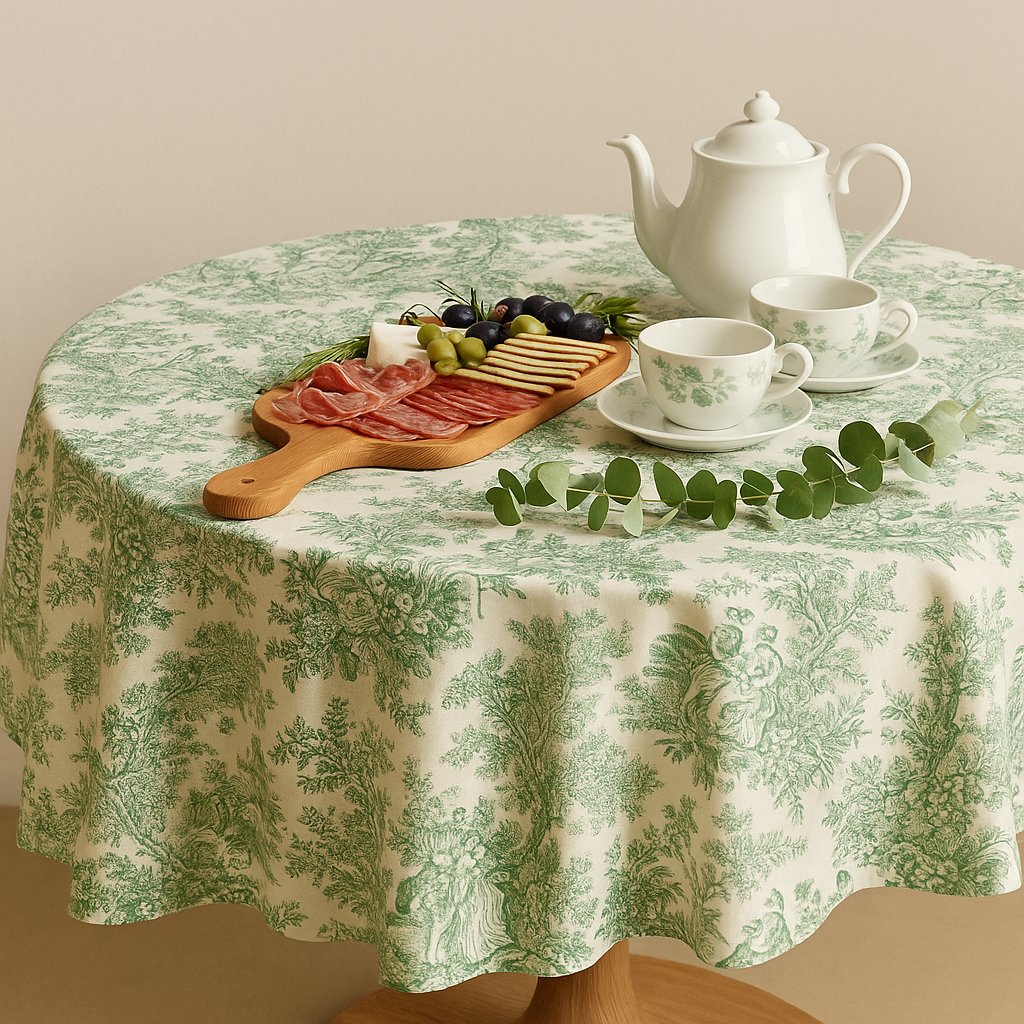 Mantel antimanchas redondo Toile de Jouy Verde