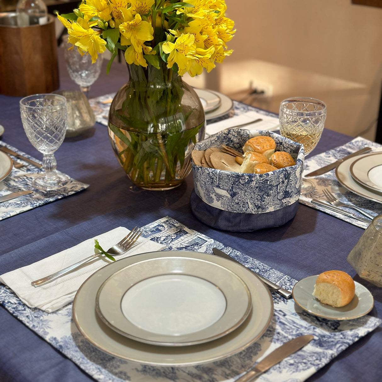 Set 4 Individuales antimanchas Toile de Jouy Azul