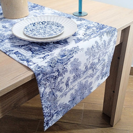 Camino de mesa antimanchas Toile de Jouy Azul